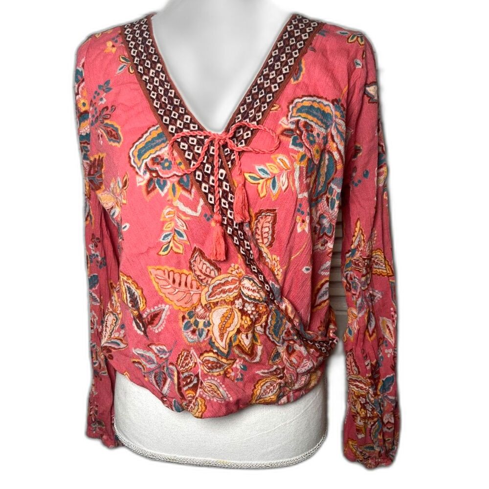 Hollister Womens Blouse Multicolor Floral Long Sleeve Surplice High Low Tassel M